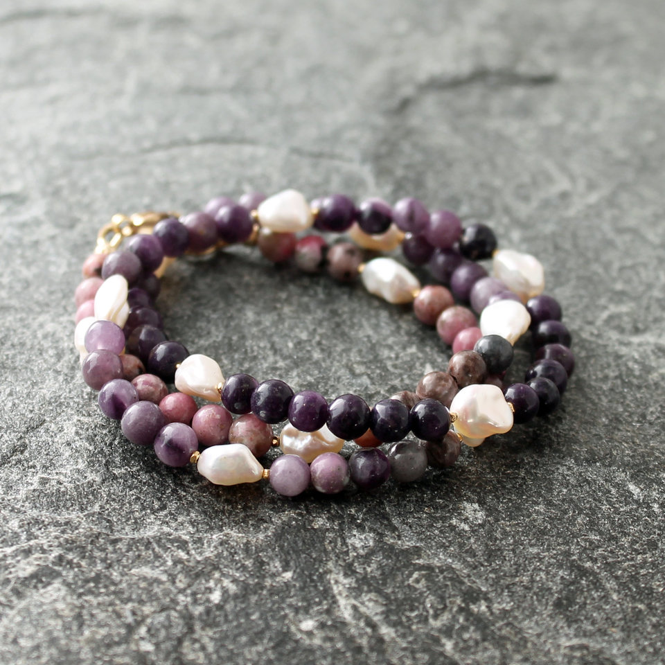 Sugilite Necklace with White Pearls and Gold Vermeil