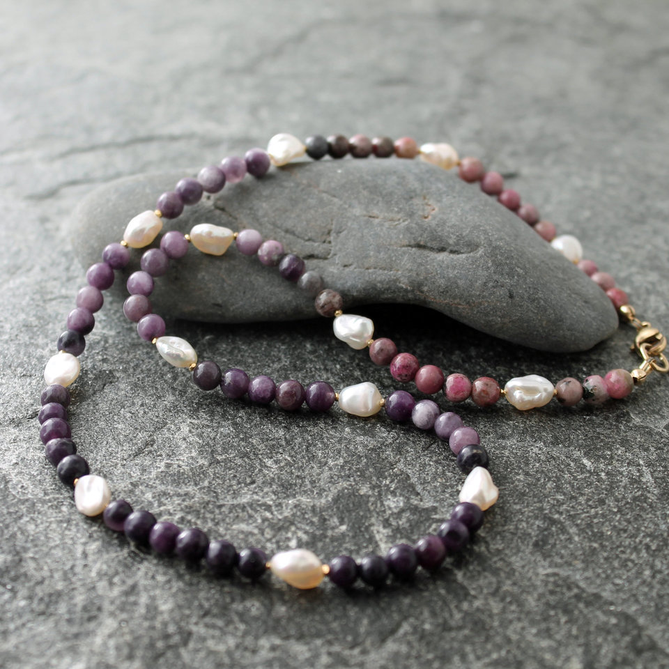 sugilite and pearl necklace, neva murtha jewelry, sunshine coast bc jewelry