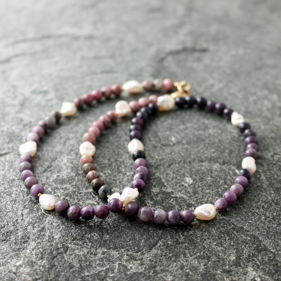 Sugilite Necklace with White Pearls and Gold Vermeil