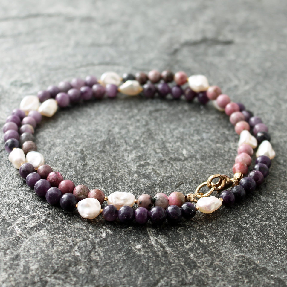 Sugilite Necklace with White Pearls and Gold Vermeil