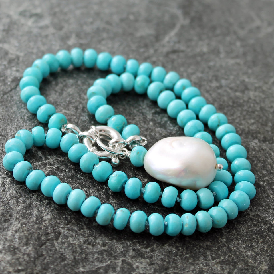 Sleeping Beauty Turquoise Hand Knotted Necklace with Flameball Pearl