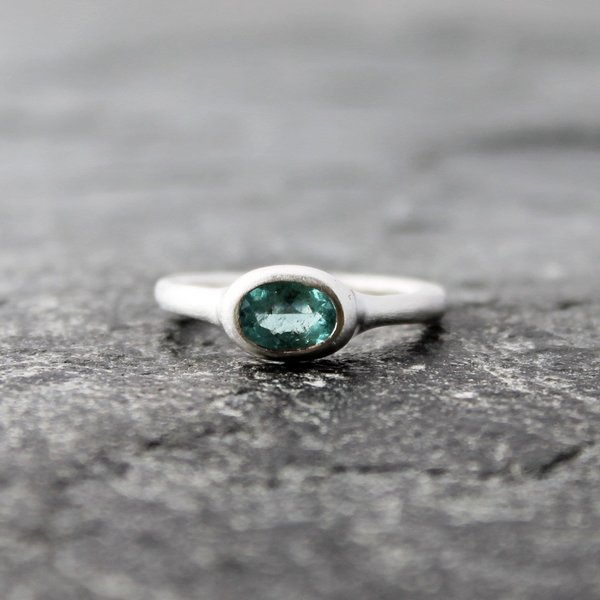 Blue Tourmaline Ring, Sterling Silver Band, Artisan Rustic Alternative Engagement Wedding Ring, Matte Satin Finish, US Size 8.25