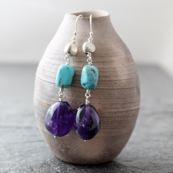 Amethyst and Turquoise Statement Earrings with Silver
