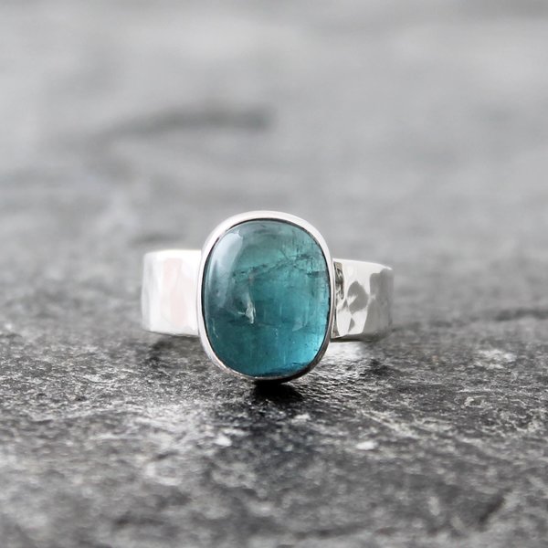 Blue Tourmaline Ring with Hammered Sterling Silver Band, US Size 7, Ready to Ship
