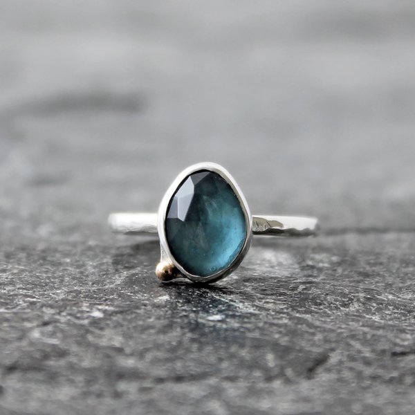 London Topaz Ring with 14k Gold and Hammered Sterling Silver Band, Alternative Engagement Ring, US Size 8