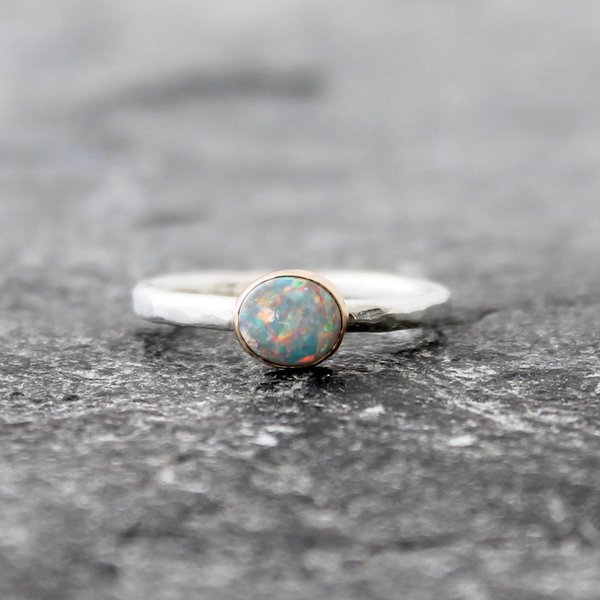Australian Lightning Ridge Opal Ring with Hammered Sterling Silver Band and 14K Yellow Gold, US Size 5.75