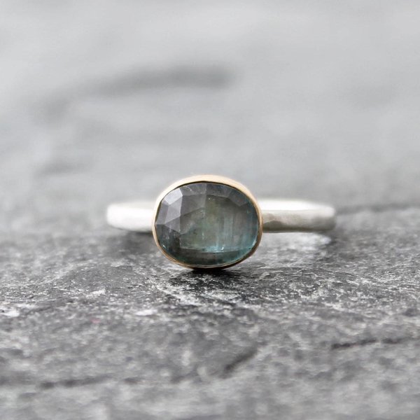 Light Blue Kyanite Ring with 14K Gold and Hammered Sterling Silver Band, US Size 6.25-6.5