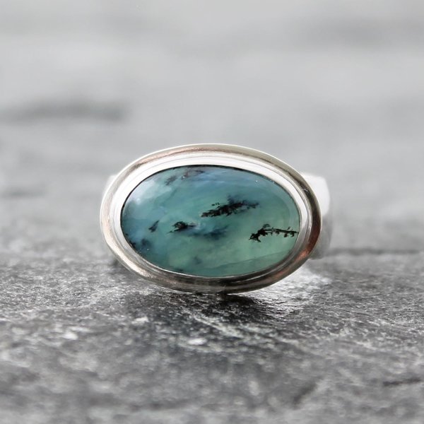 Peru Blue Opal Ring with Sterling Silver Band, Statement Cocktail Ring, US Size 8.5-8.75